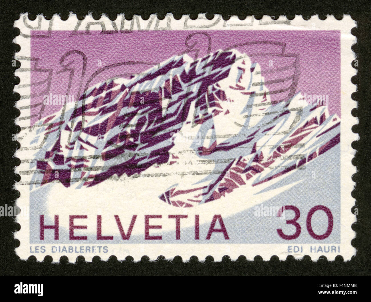La Svizzera, Helvetia, francobollo, post mark, timbro timbro postale, Alpi mountain, montagne Foto Stock