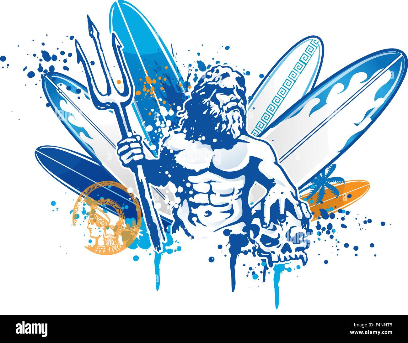 poseidon surfer su sfondo tavola da surf. vettore di illustrazione Illustrazione Vettoriale