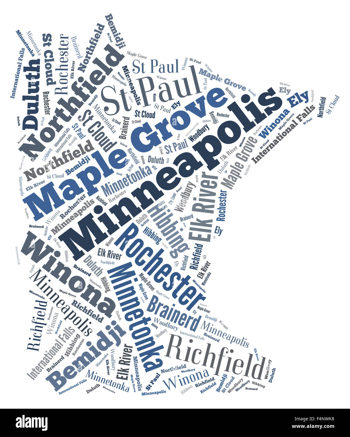 Nuvola di parole nella forma del Minnesota che mostra alcune delle città nello stato Foto Stock