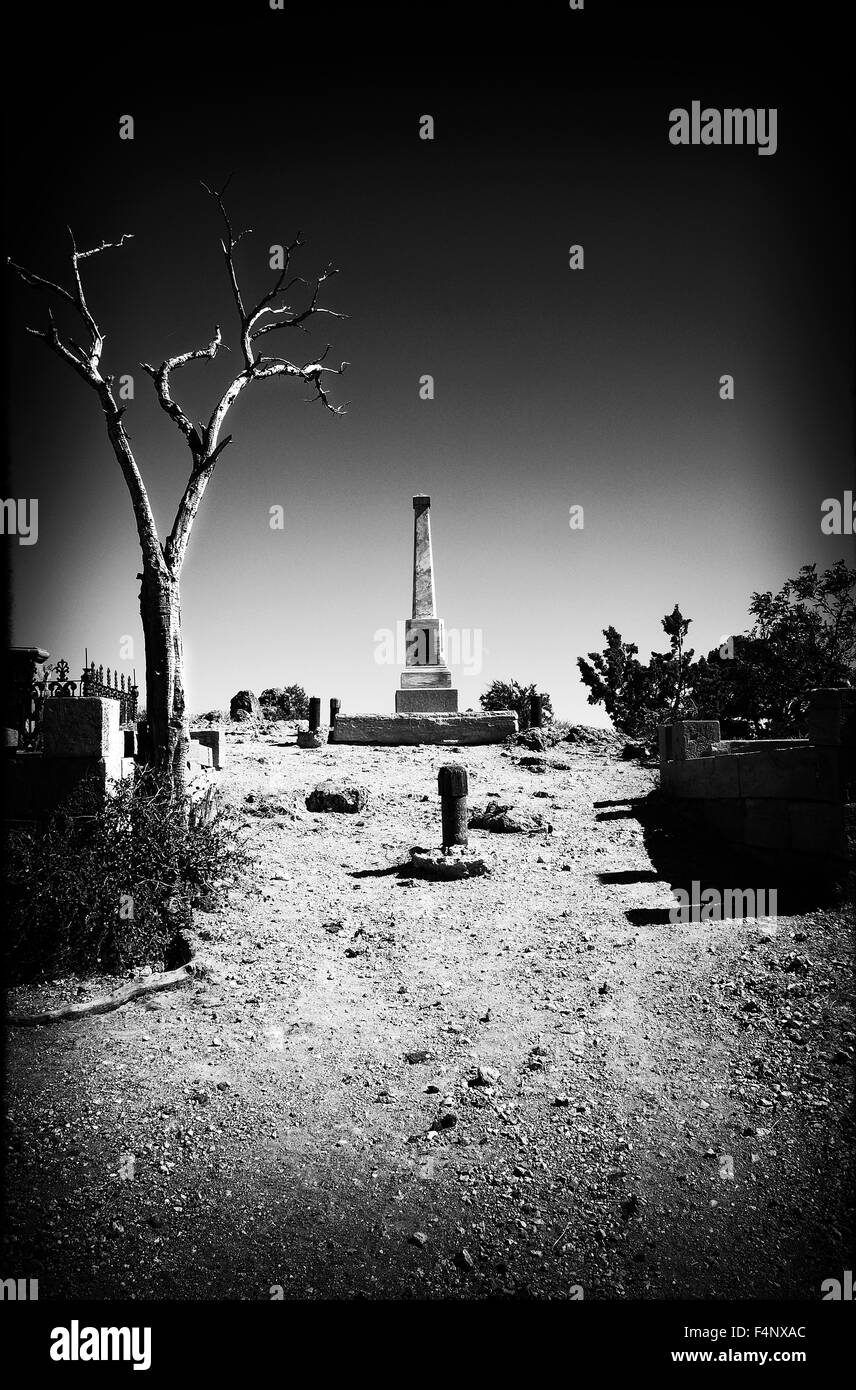 Spooky entrata di un cimitero che mostra un albero morto e i marcatori di grave fatto con un bianco e nero da film noir e sentire. Foto Stock