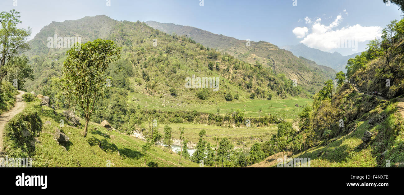 Suggestivo panorama della valle verde in Nepal su Kangchendzonga trek Foto Stock
