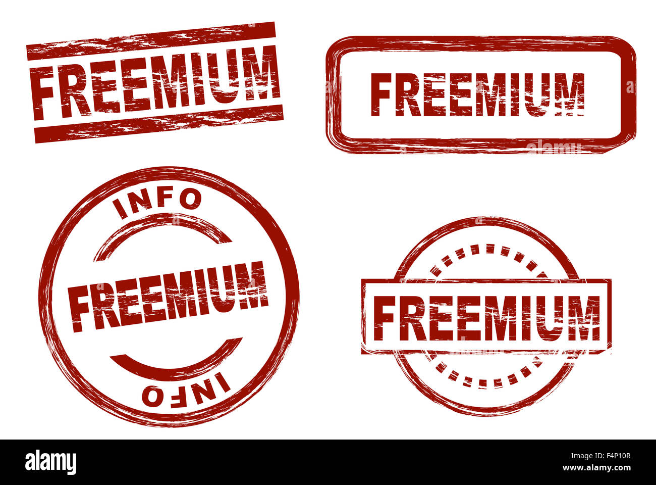 Set di stilizzata in inchiostro rosso timbri che mostra il termine freemium. Tutto su sfondo bianco. Foto Stock