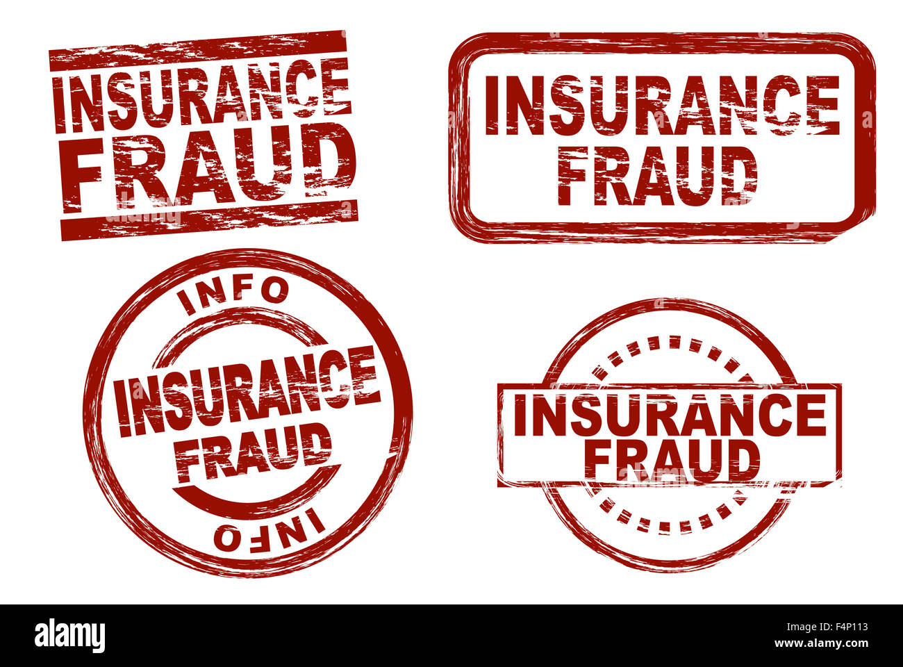 Set di stilizzata in inchiostro rosso timbri che mostra il termine frode nel settore delle assicurazioni. Tutto su sfondo bianco. Foto Stock