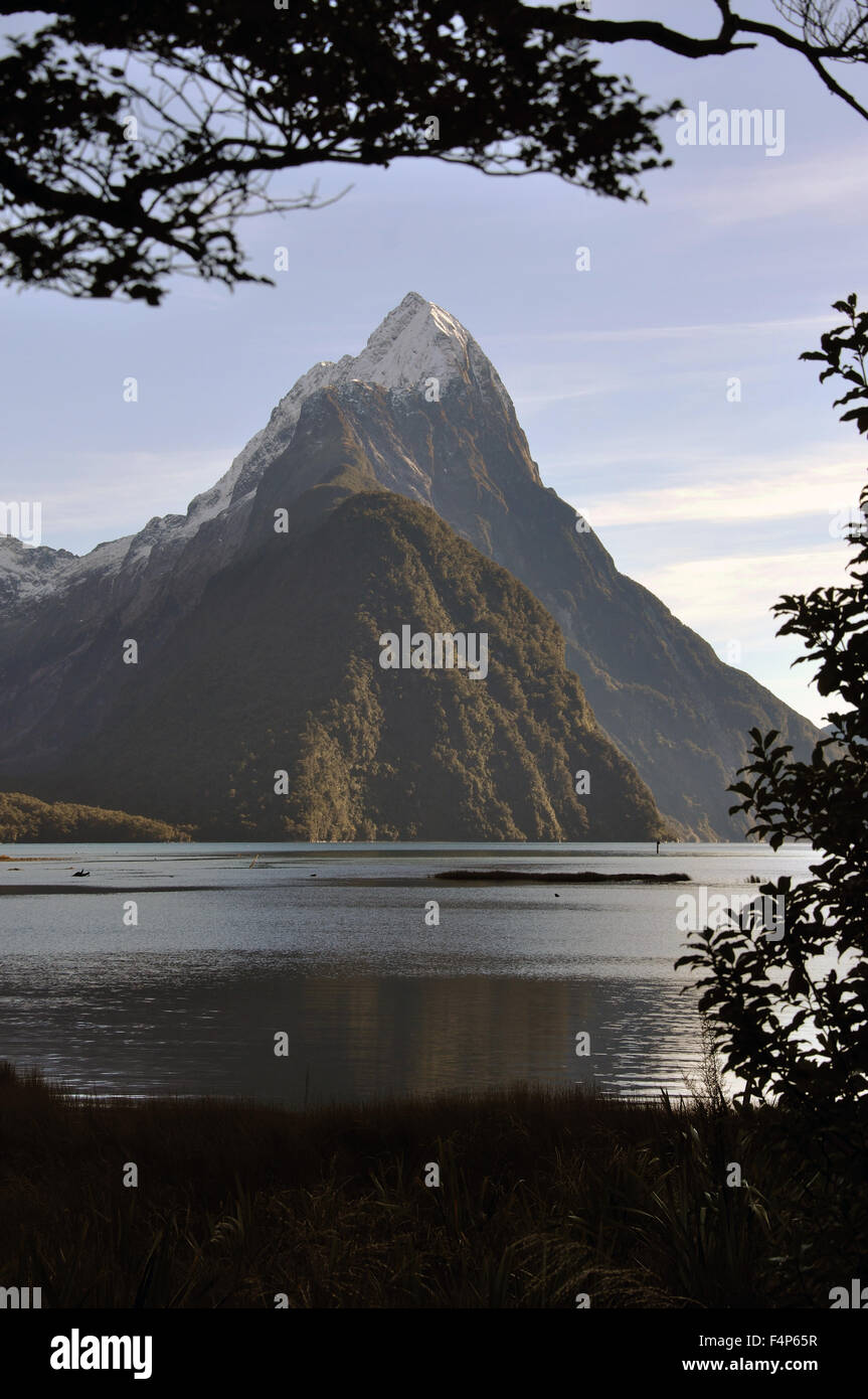 Mitre Peak, Milford Sound, Fiordland, Nuova Zelanda Foto Stock