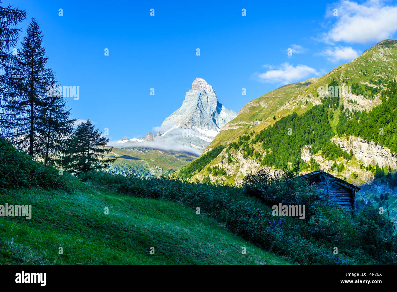 Matterhorn peak con cabina e di pini su un inizio di mattina d'estate. Luglio, 2105. Il Cervino, Svizzera. Foto Stock