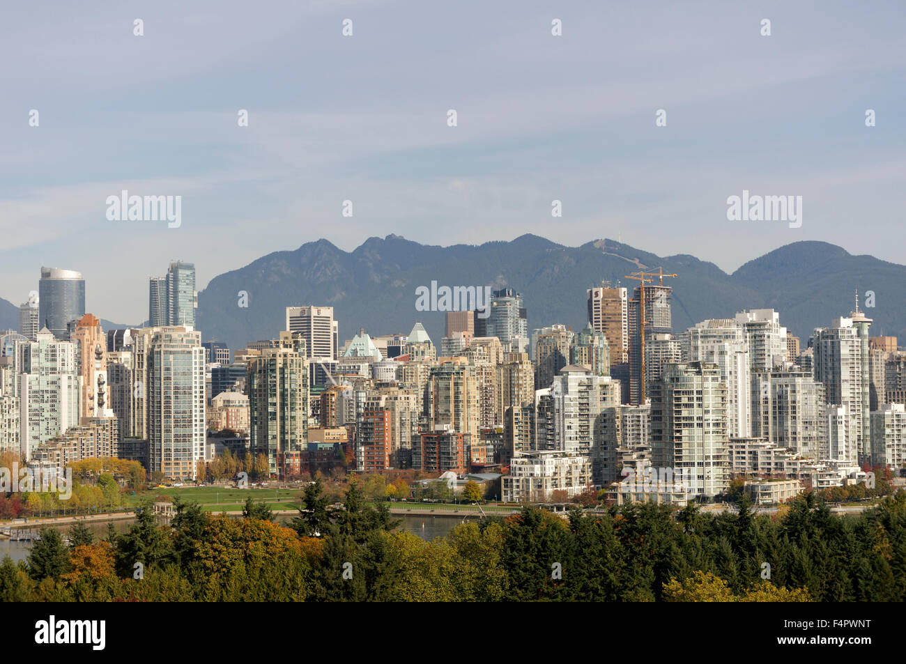 Vista panoramica sullo skyline di Vancouver con False Creek e alberi in primo piano, Vancouver, BC, Canada Foto Stock