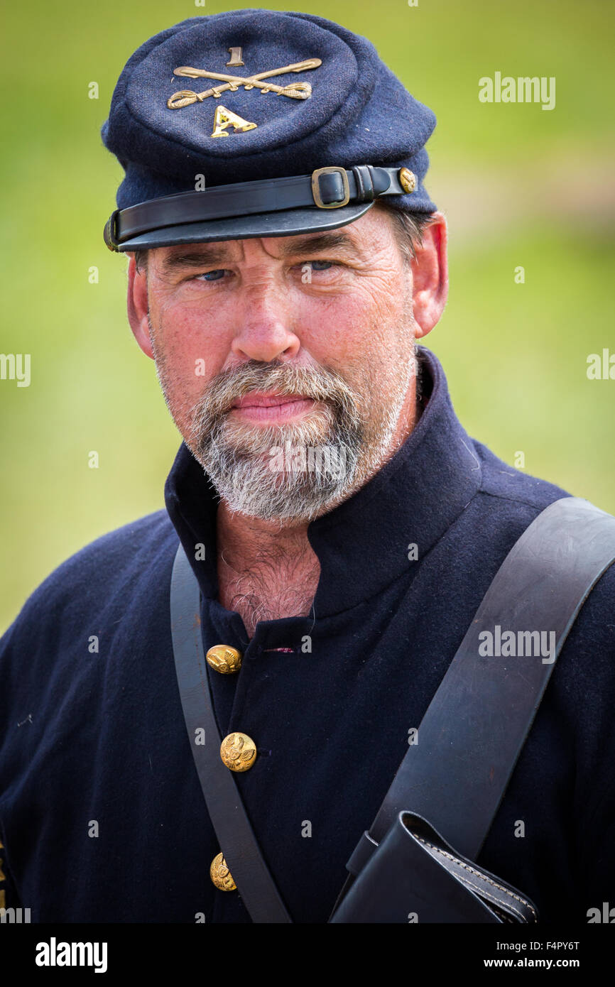 Unione soldato reenacts la battaglia di Gettysburg. Foto Stock