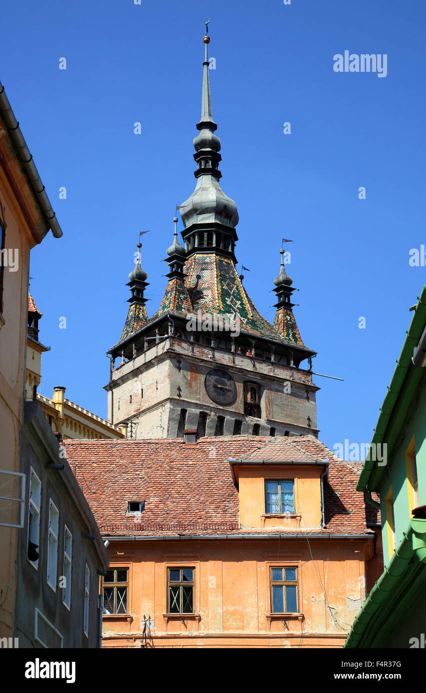 La Torre dell'Orologio, Turnul cu Ceas, Sighisoara, Sighisoara, Saxoburgum, in Mures County in Transilvania, Romania. La sua storica cento Foto Stock