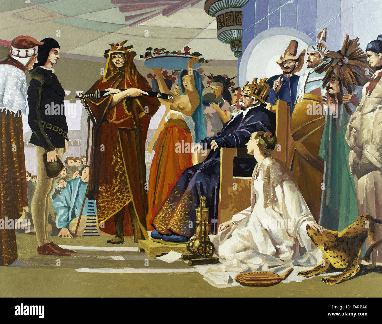 Marco Polo (1254-1324). Mercante veneziano traveler. Marco Polo in presenza di Kublai Khan (Khan grande dell'impero mongolo e il primo imperatore cinese della dinastia Yuan). Foto Stock