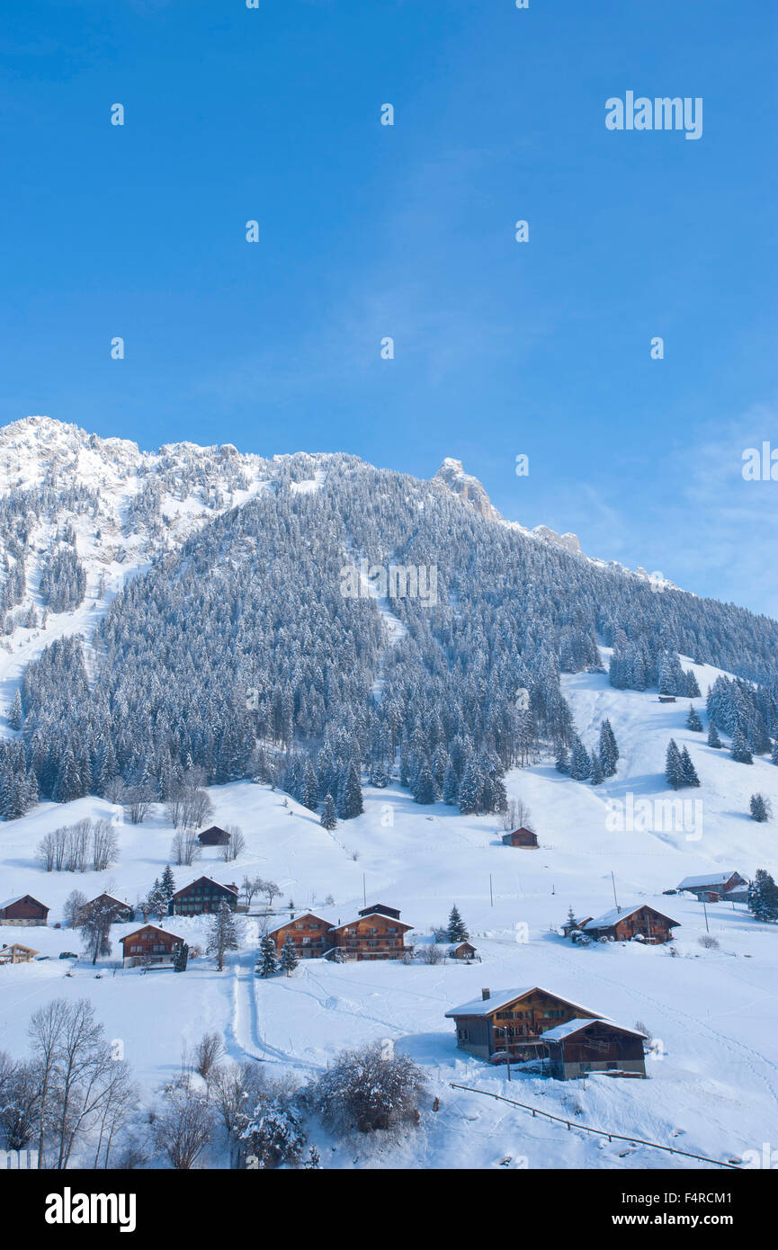 L'Étivaz, montagna, montagne, chalet, neve, Vaud, VD, Alpes vaudoises, Vaud Alpi, Alpi, Svizzera, inverno, Foto Stock