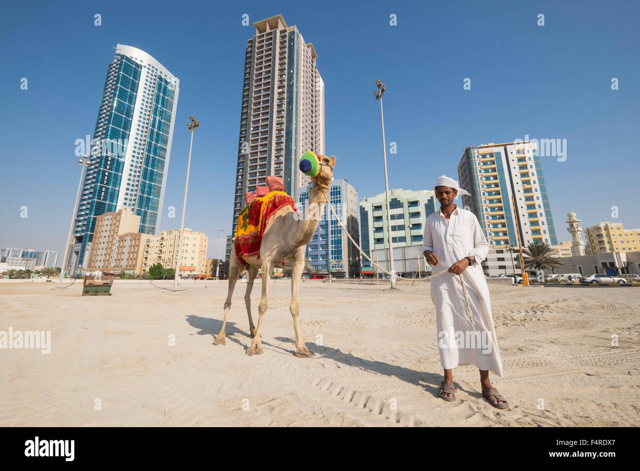 Uomo con cammello camminando sulla spiaggia sul lungomare di Ajman emirato negli Emirati Arabi Uniti Foto Stock Uomo con cammello camminando sulla spiaggia sul lungomare di Ajman emirato negli Emirati Arabi Uniti Foto Stock