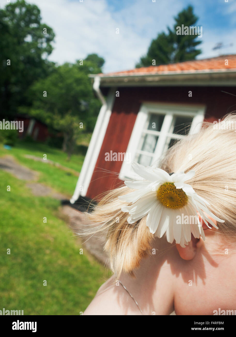La ragazza (6-7) con fiore nei capelli biondi Foto Stock