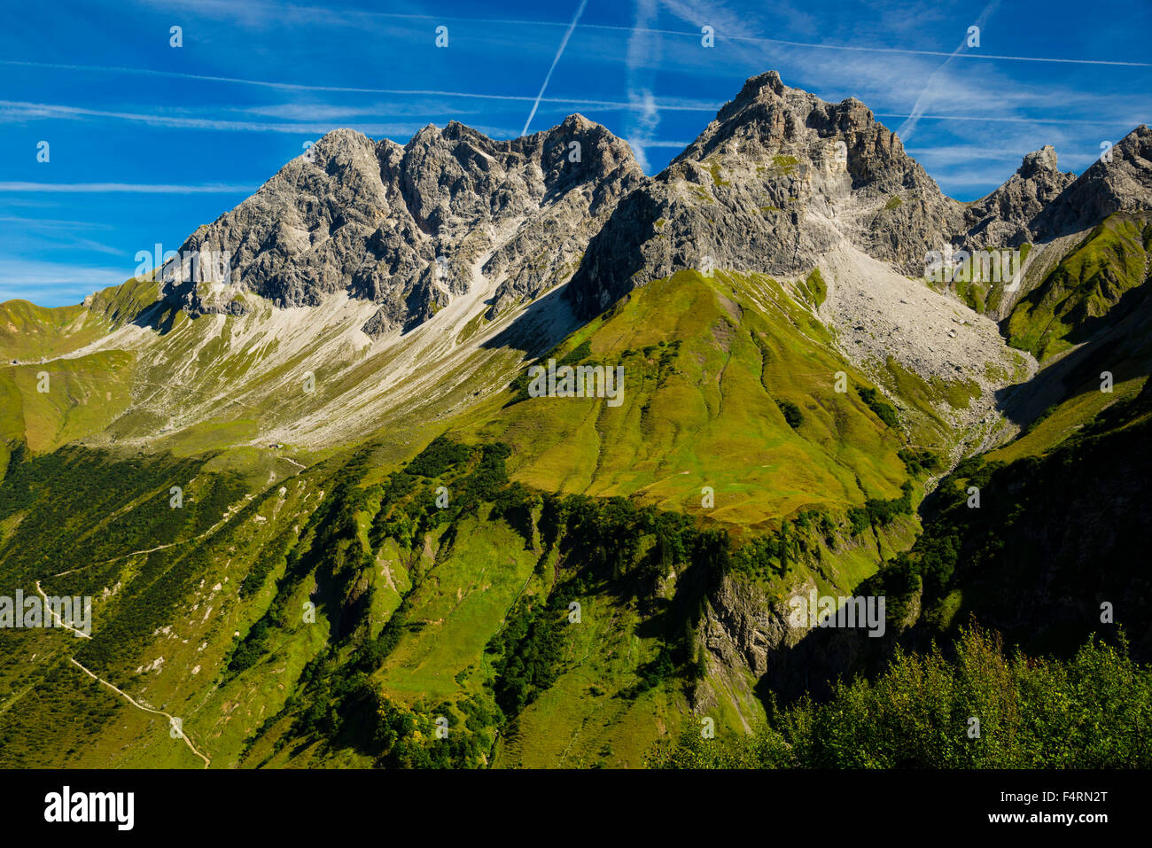 Regione di Allgäu, Alpi, praterie alpine, Alpi, Baviera, il paesaggio di montagna, Germania, Europa, Oberallgäu, Oberstdorf, Oytal, sentiero Foto Stock