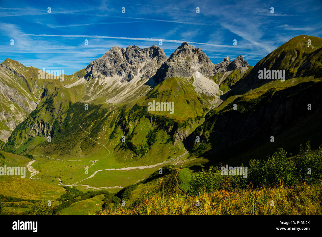 Regione di Allgäu, Alpi, praterie alpine, Alpi, Baviera, il paesaggio di montagna, Germania, Europa, Oberallgäu, Oberstdorf, Oytal, sentiero Foto Stock