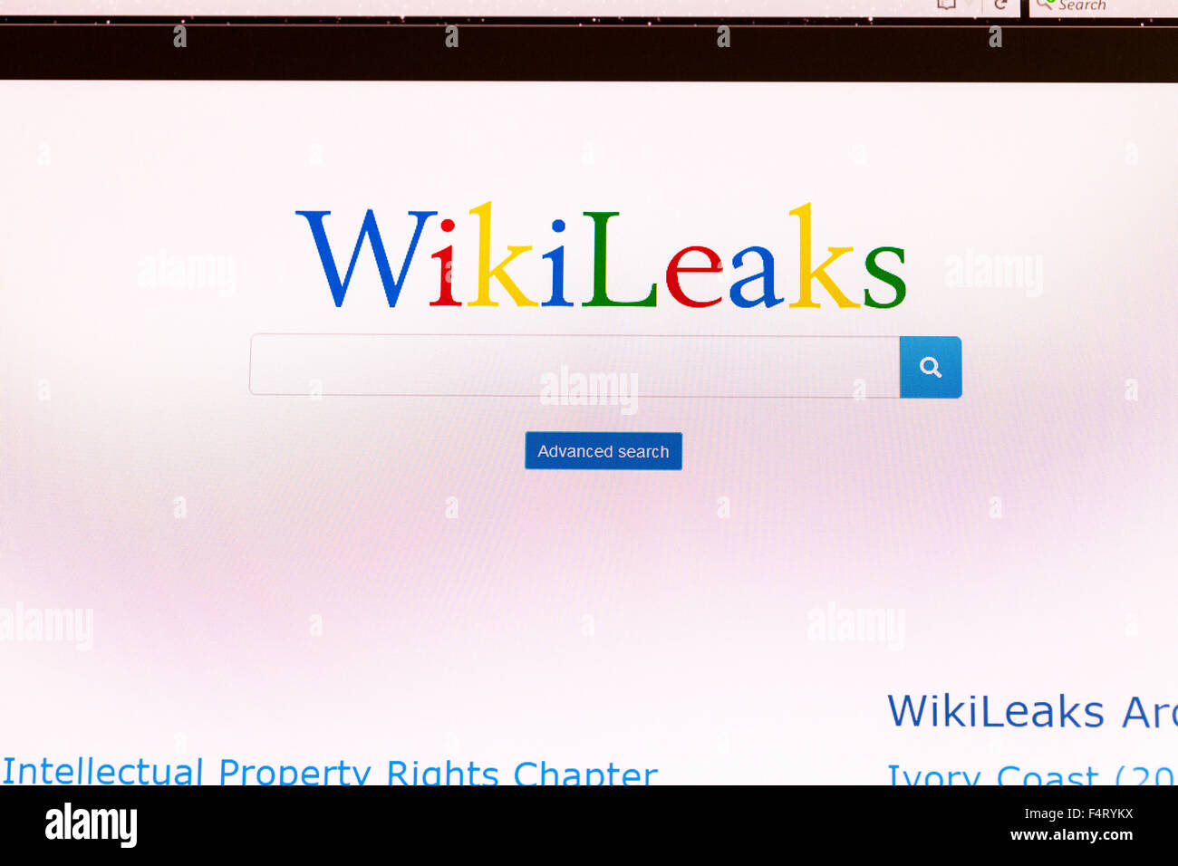 Wikileaks perdite wiki website homepage cerca scandalo online screenshot dello schermo di web site internet net segno NEL REGNO UNITO Foto Stock