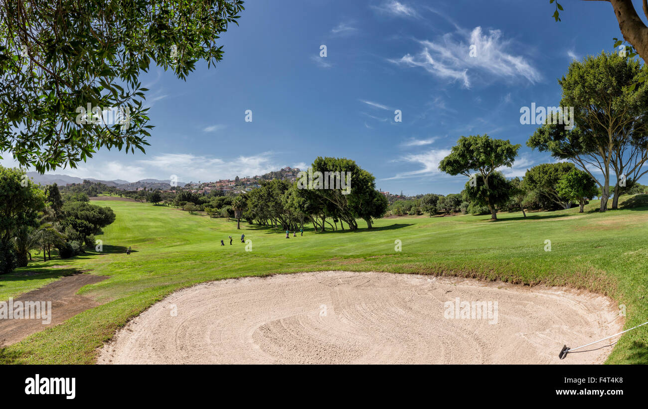 Spagna, Europa Telde, Gran Canaria Isole Canarie, Bandama, campo da golf, paesaggio, campo, prati, alberi, estate, sport golf b Foto Stock