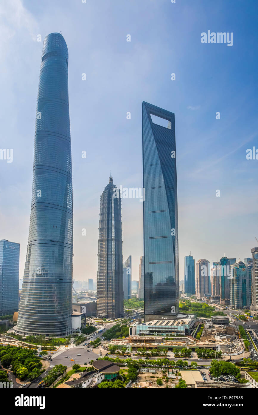 Cina Shanghai City, il quartiere di Pudong, Lujiazui, il World Financial Center, Jinmao building e Shanghai Tower Foto Stock