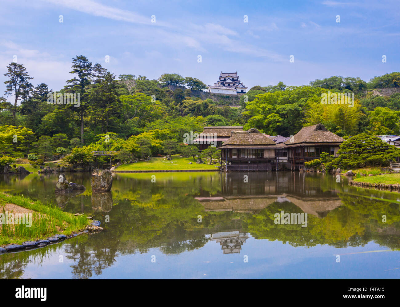 Giappone, Provincia di Shiga, Hikone Città, case da tè e il castello di Hikone Foto Stock