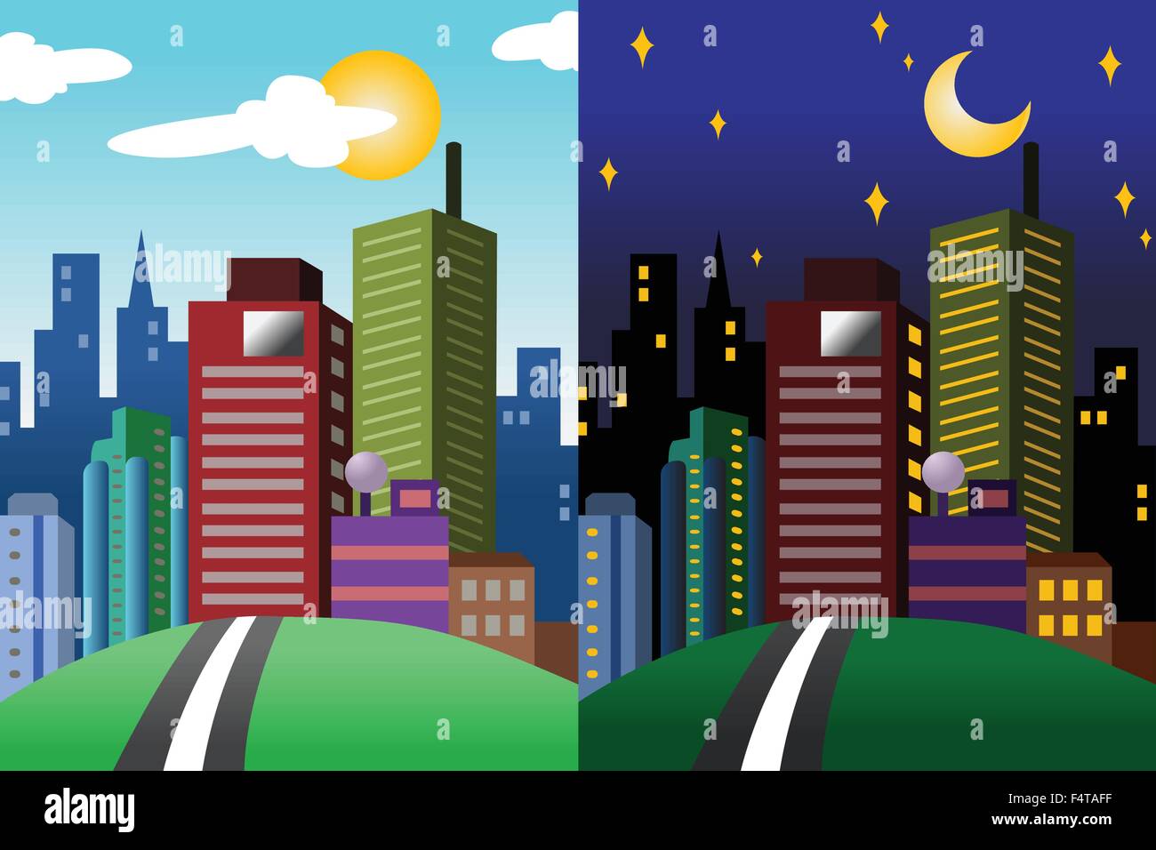 Una illustrazione vettoriale di giorno e di notte di una città moderna Illustrazione Vettoriale