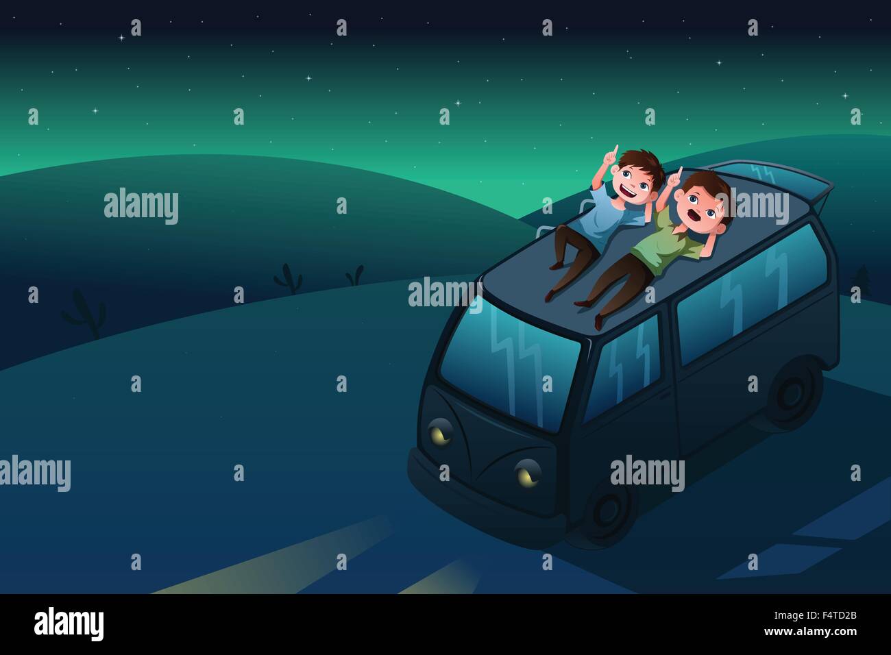 Una illustrazione vettoriale di padre e figlio sdraiato a guardare le stelle di notte Illustrazione Vettoriale
