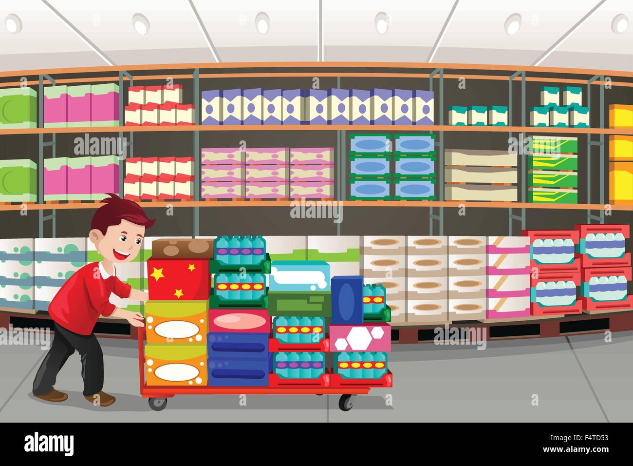 Una illustrazione vettoriale dell'uomo shopping in un grande box store Illustrazione Vettoriale