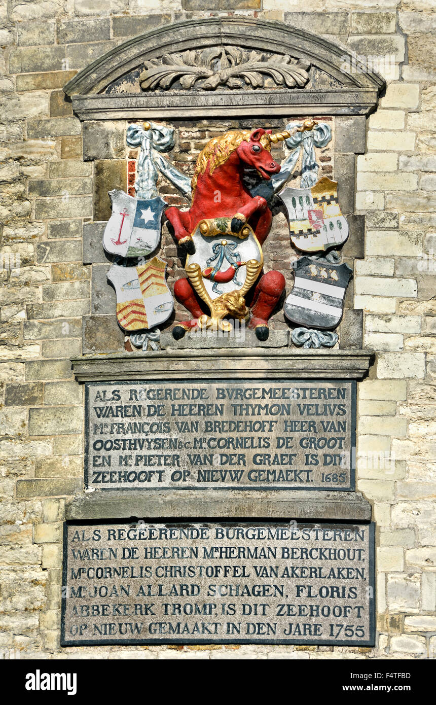 Unicorn Vecchio Porto Hoorn ( Main Tower 1532 uno degli ultimi baluardi North Holland ) avvisatore acustico olandese Paesi Bassi Foto Stock