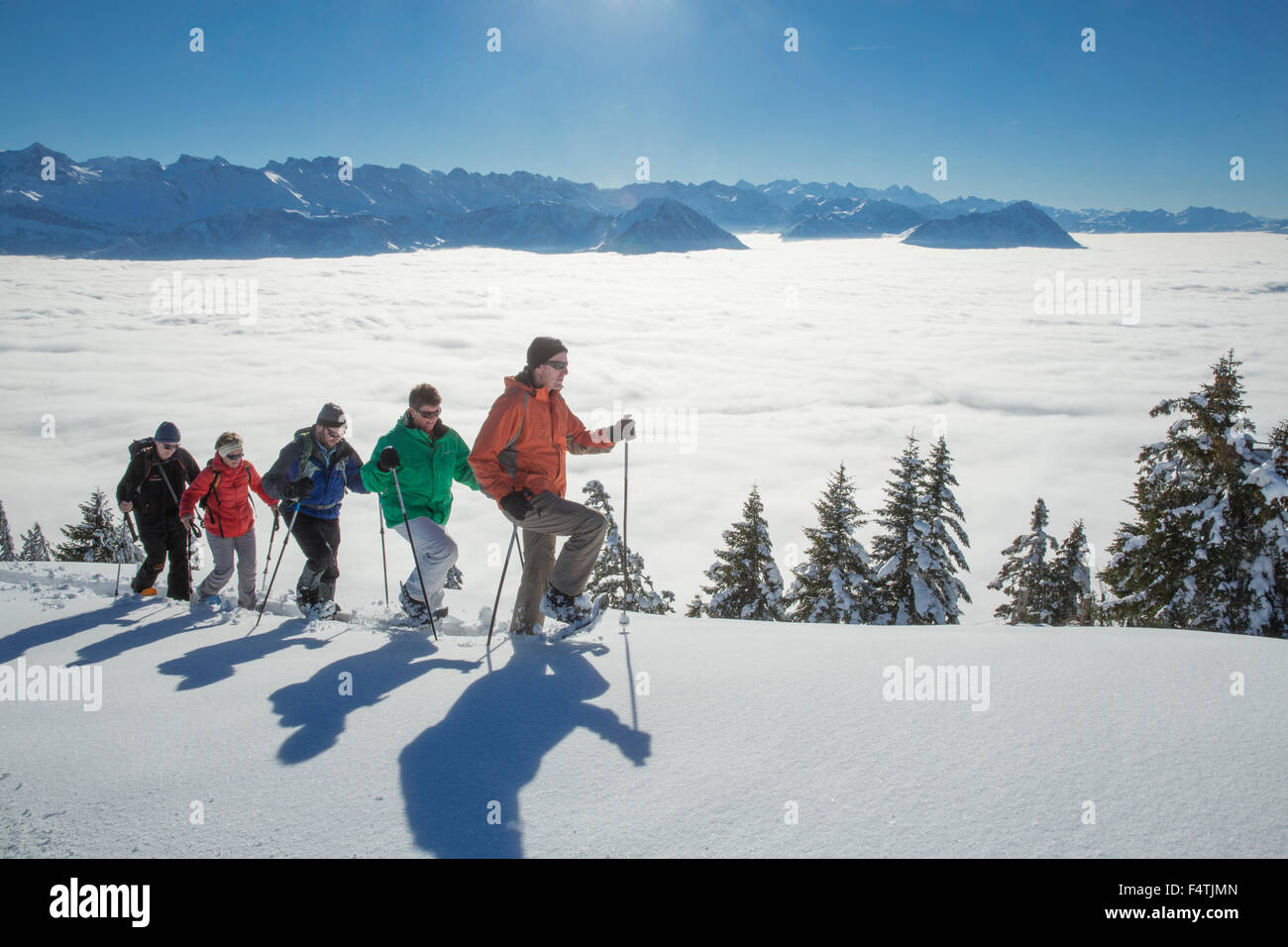 Le racchette da neve, tour sul Rigi, mare di nebbia, Foto Stock
