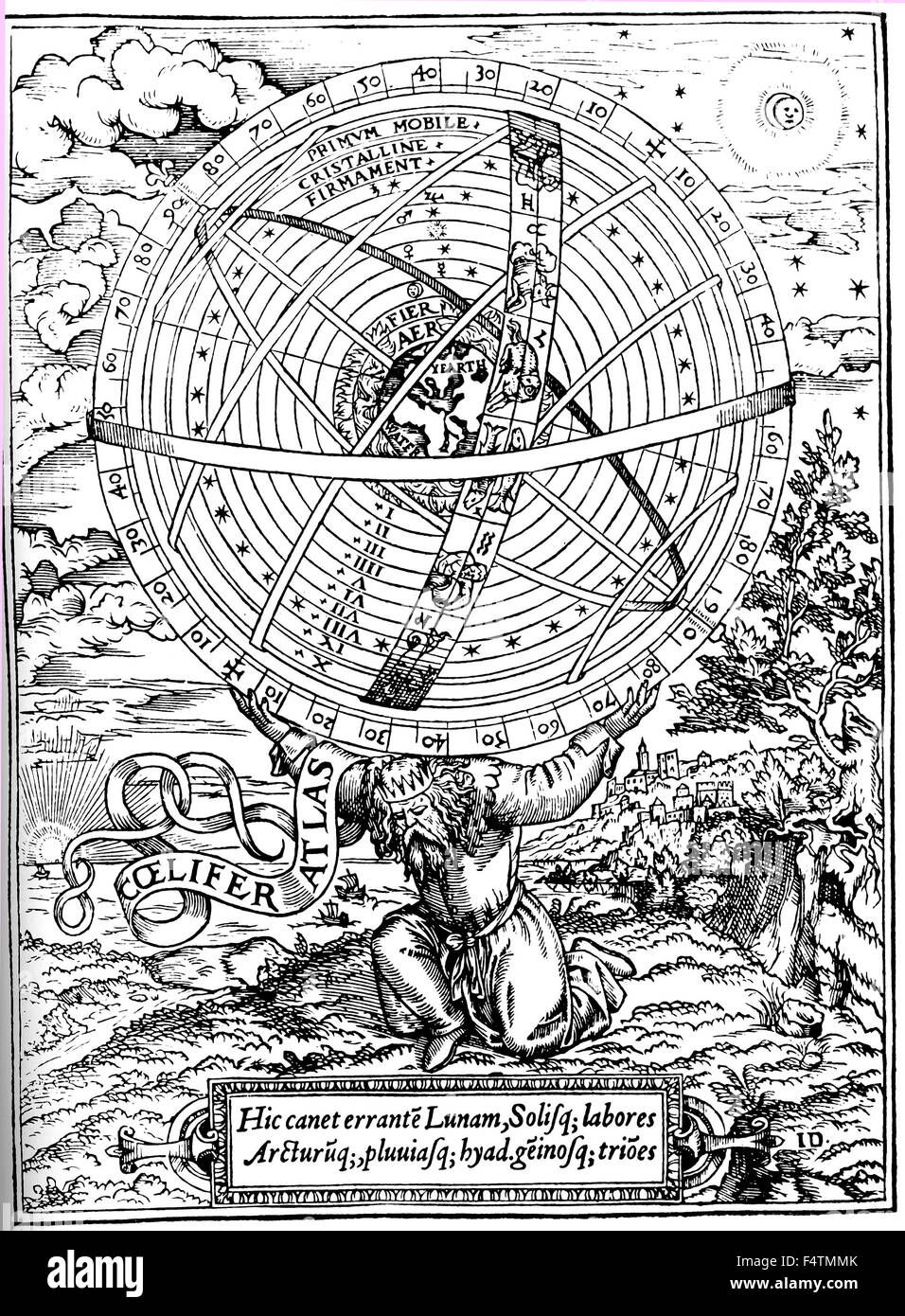 Universo tolemaico xilografia da William Cunningham "Glasse cosmologica", pubblicata a Londra nel 1559 mostra Atlas portando l'universo sulle sue spalle con la Terra al centro Foto Stock