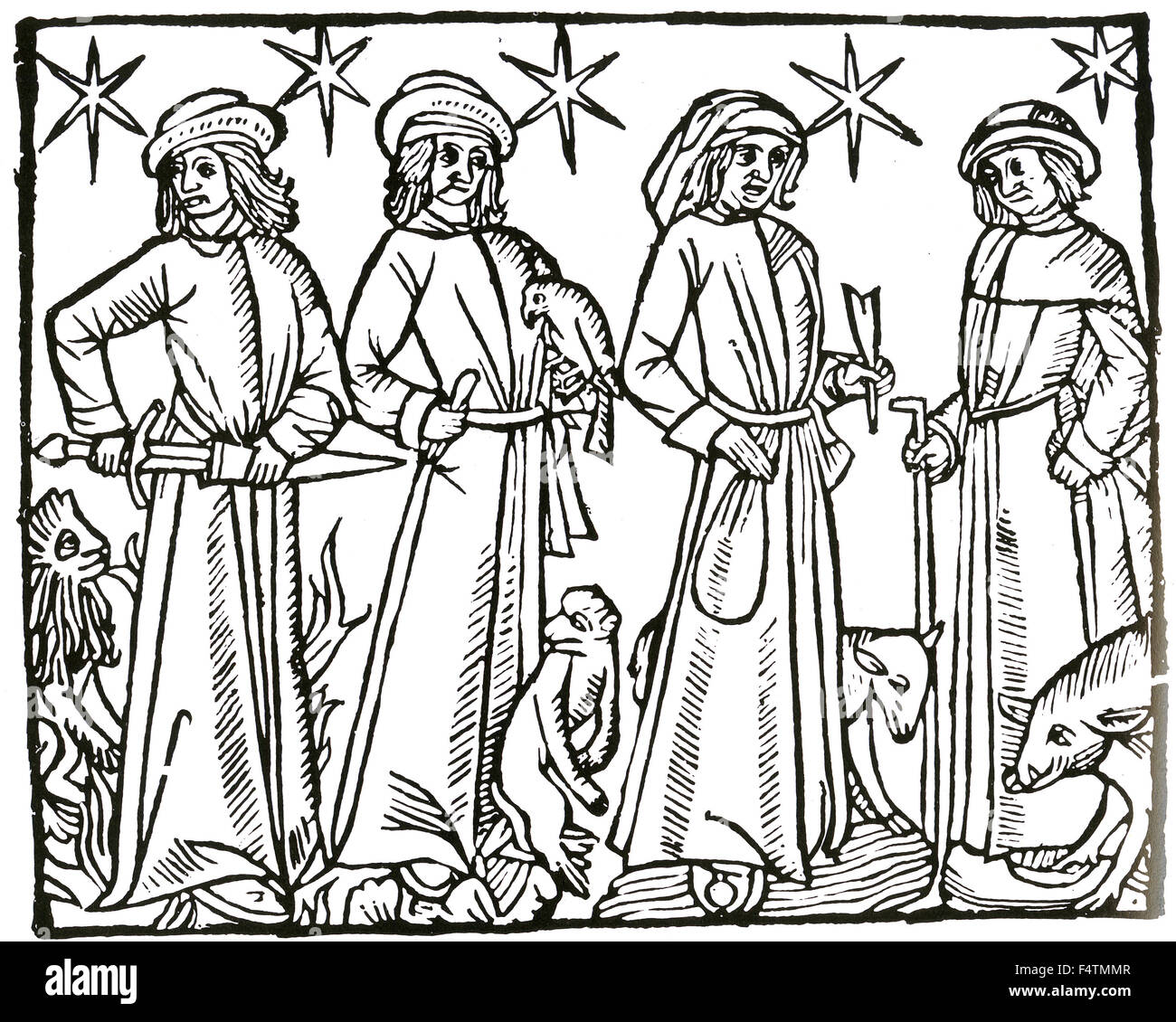 I quattro umori con i loro rispettivi animali da un pastore tedesco di circa il calendario 1450. Da sinistra: collerico (Lion), Sanguiine ( ape) Flemmatico (pecora), malinconico (maiale) Foto Stock