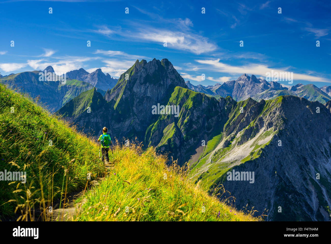 Regione di Allgäu, Algovia Alpi, Alpi, Baviera, il paesaggio di montagna, Germania, Europa Höfats, sentiero di montagna, Laufbacher Eck-Weg, Nebelhorn, Foto Stock