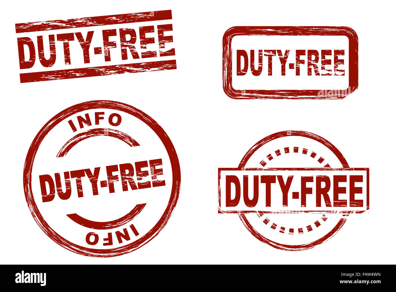 Set di stilizzata bolli rossi che mostra il termine duty-free. Tutto su sfondo bianco. Foto Stock