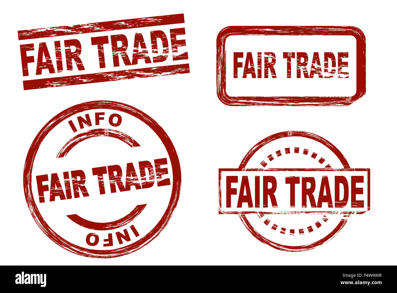 Set di stilizzata bolli rossi che mostra il concetto di commercio equo e solidale. Tutto su sfondo bianco. Foto Stock