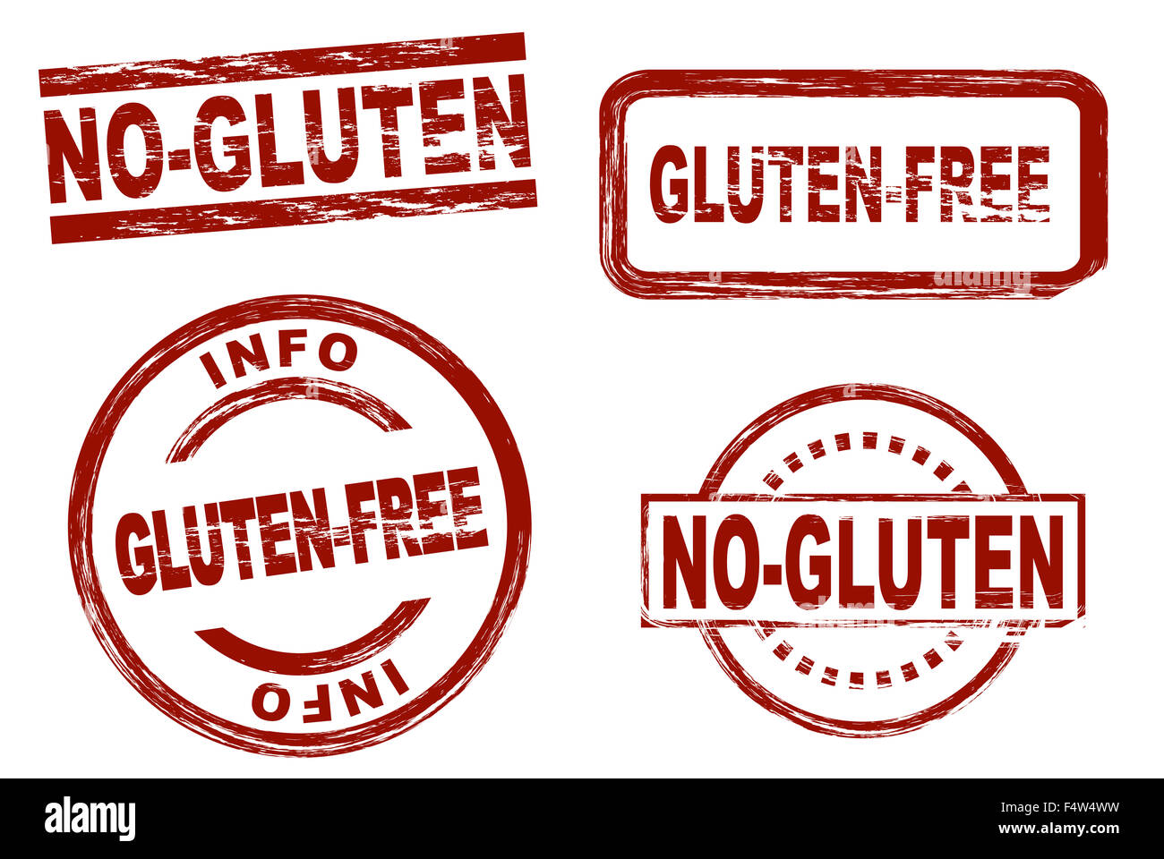 Set di stilizzata bolli rossi che mostra il termine privo di glutine. Tutto su sfondo bianco. Foto Stock