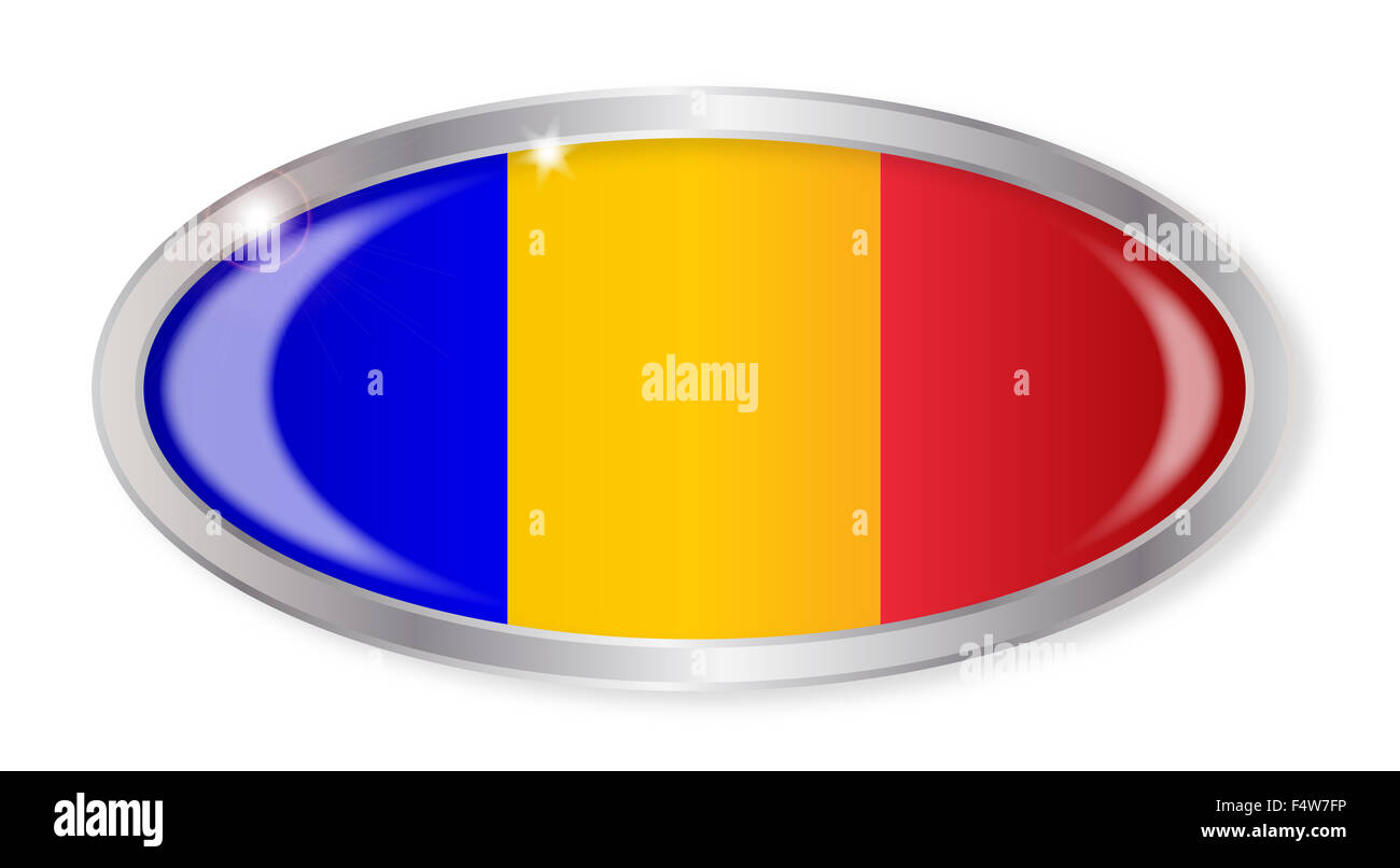 Ovale Silver pulsante con la bandiera rumena isolato su uno sfondo bianco Foto Stock