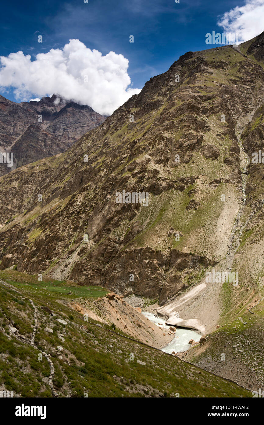 India, Himachal Pradesh, Lahaul e Spiti, Darcha, alta altitudine fiume taglio attraverso il cumulo di neve in valle Foto Stock