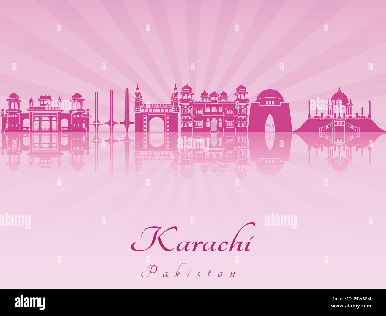Lo skyline di Karachi in viola orchidea radiante in modificabile file vettoriali Foto Stock