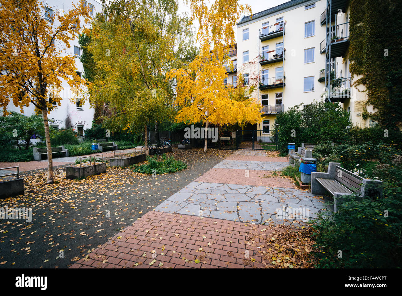 Colore di autunno in un piccolo parco del quartiere di Prenzlauer Berg di Berlino, Germania. Foto Stock