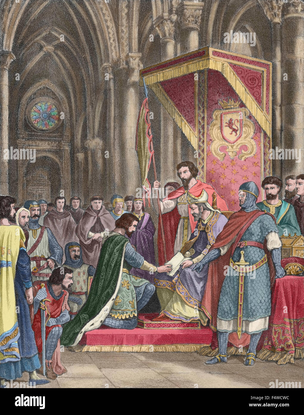 Alfonso VI (1040-1109), il coraggioso. Re di Leon Castiglia e Galizia. Giuramento di Santa Gadea, 1072. Alfonso VI e El Cid. Incisione nella storia della Spagna del XIX secolo. Colorati. Foto Stock