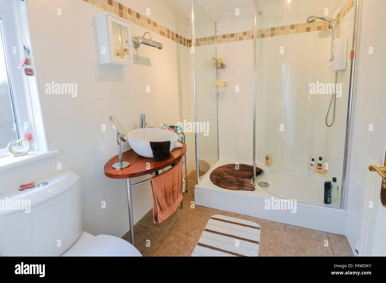 En-suite moderna con lavandino e doccia Foto Stock