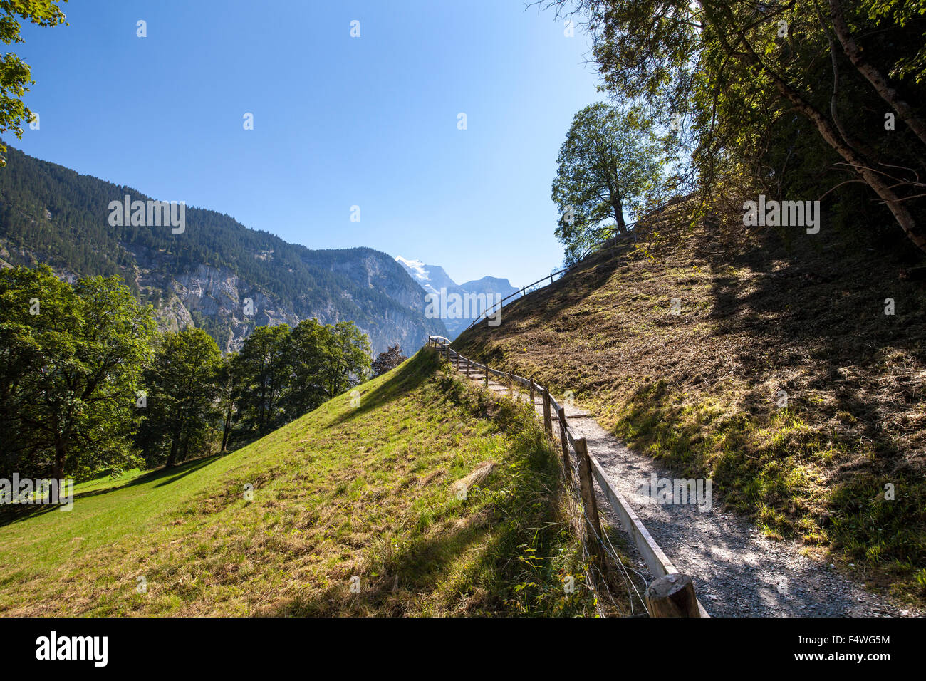 Paesaggio con un piccolo sentiero di montagna e il corrimano intorno ad esso. Il serpeggiante sentiero conduce fino alla montagna. Si tratta di una posizione soleggiata estate Foto Stock