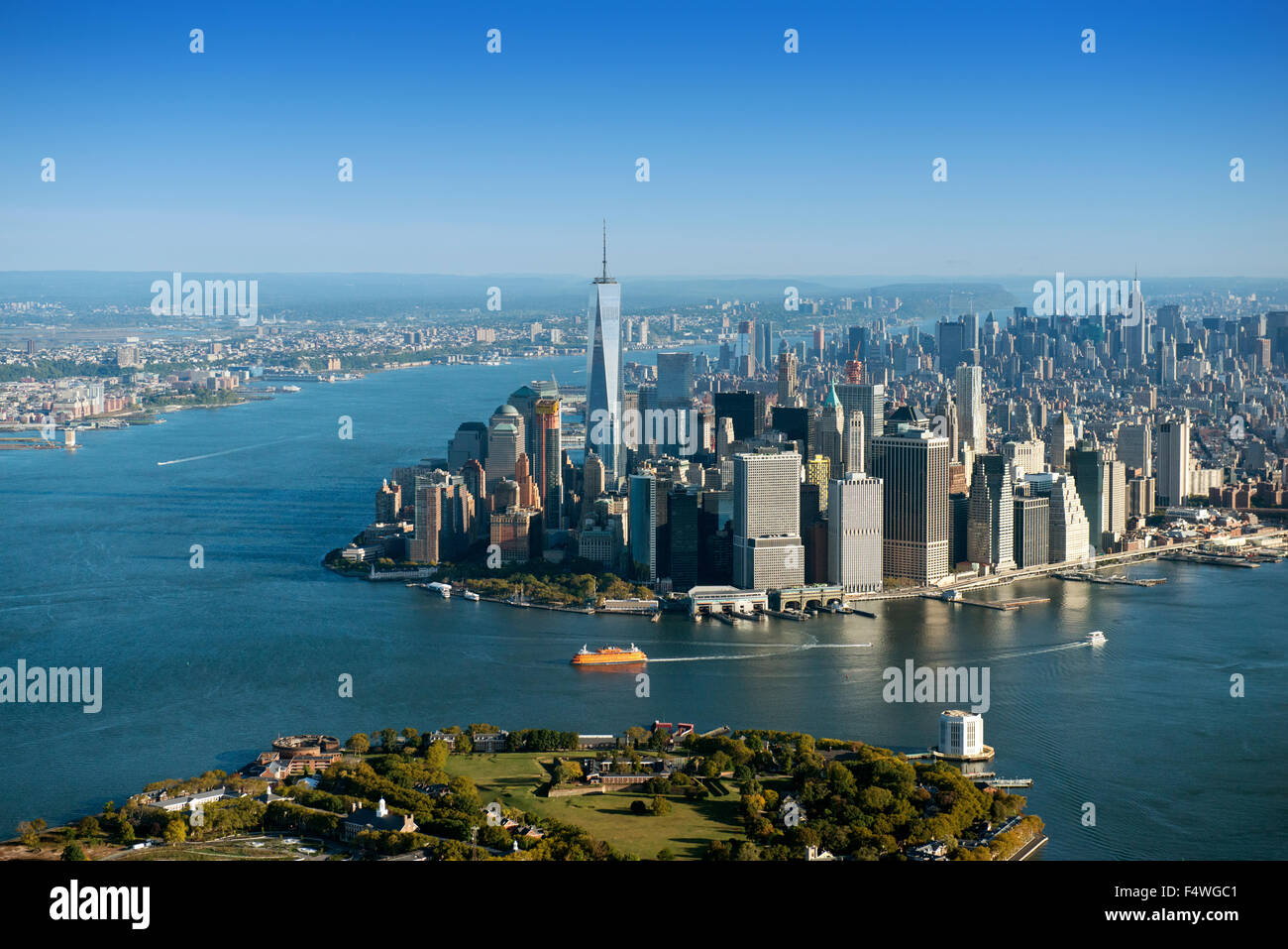 Riprese aeree di Lower Manhattan e il Quartiere Finanziario di New York City STATI UNITI D'AMERICA Foto Stock