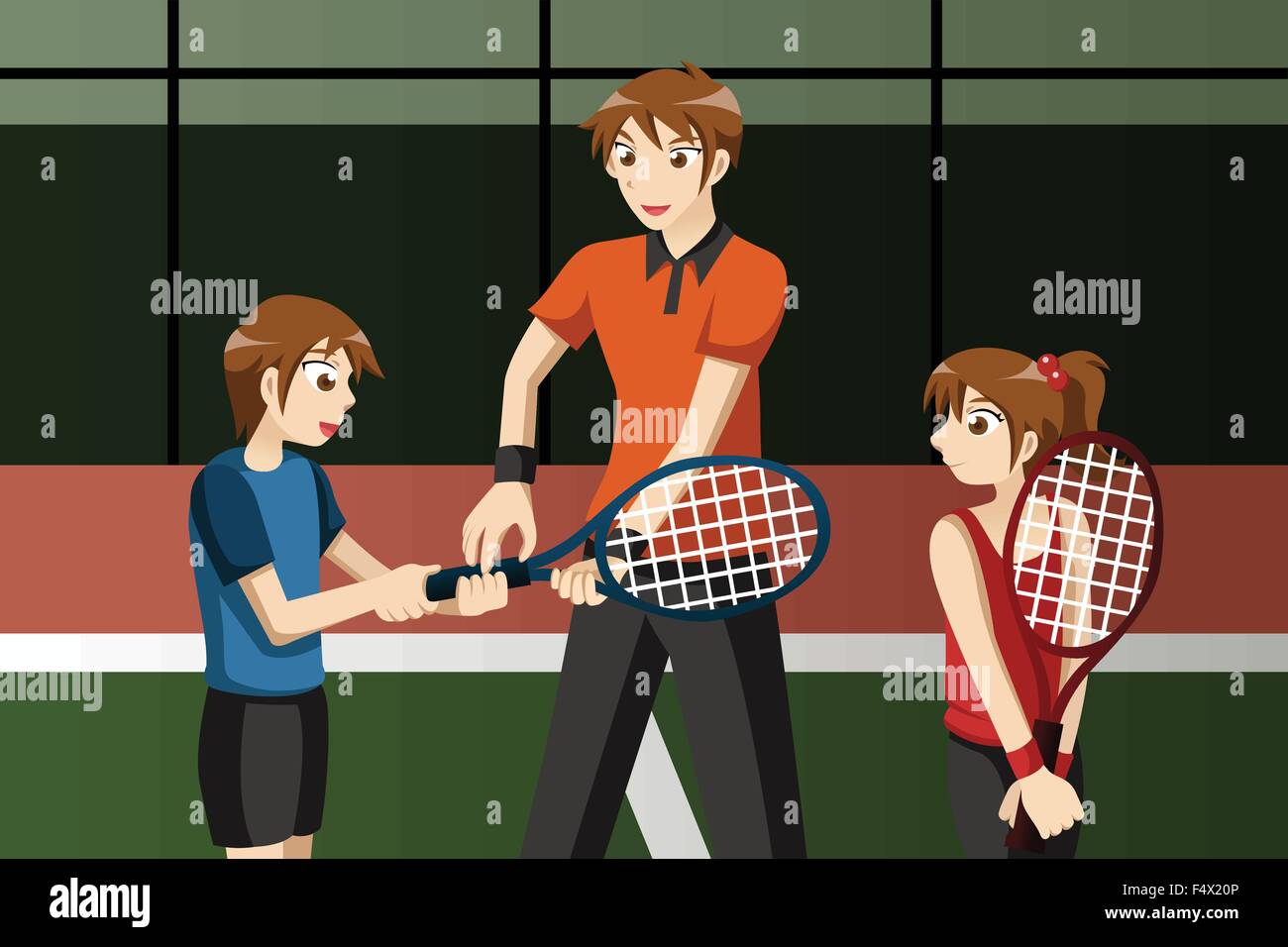 Una illustrazione vettoriale di bambini in un club di tennis con istruttore Illustrazione Vettoriale