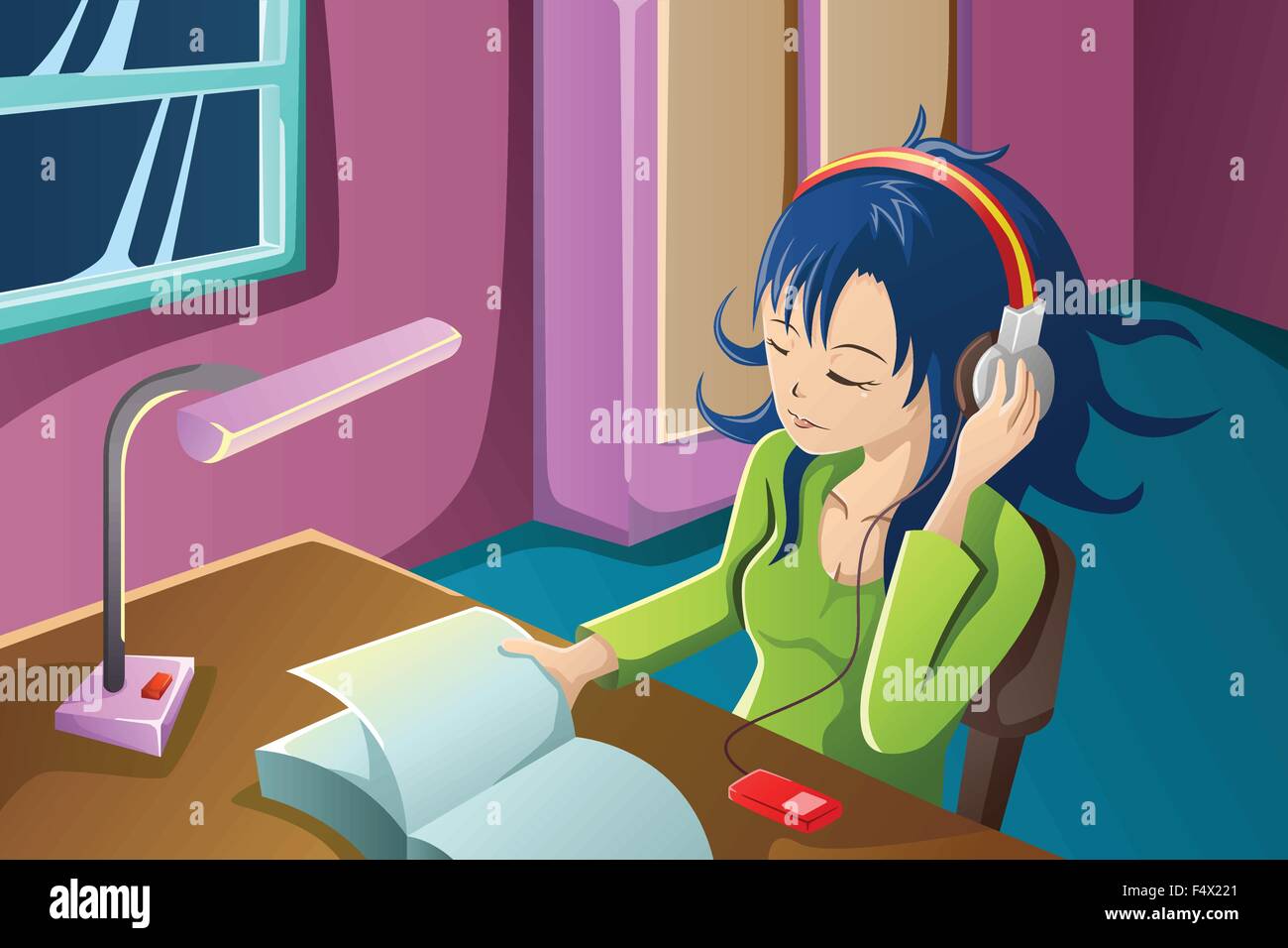 Un vettore illustrazione della bella ragazza a leggere un libro mentre ascolti la tua musica preferita nella sua camera da letto Illustrazione Vettoriale