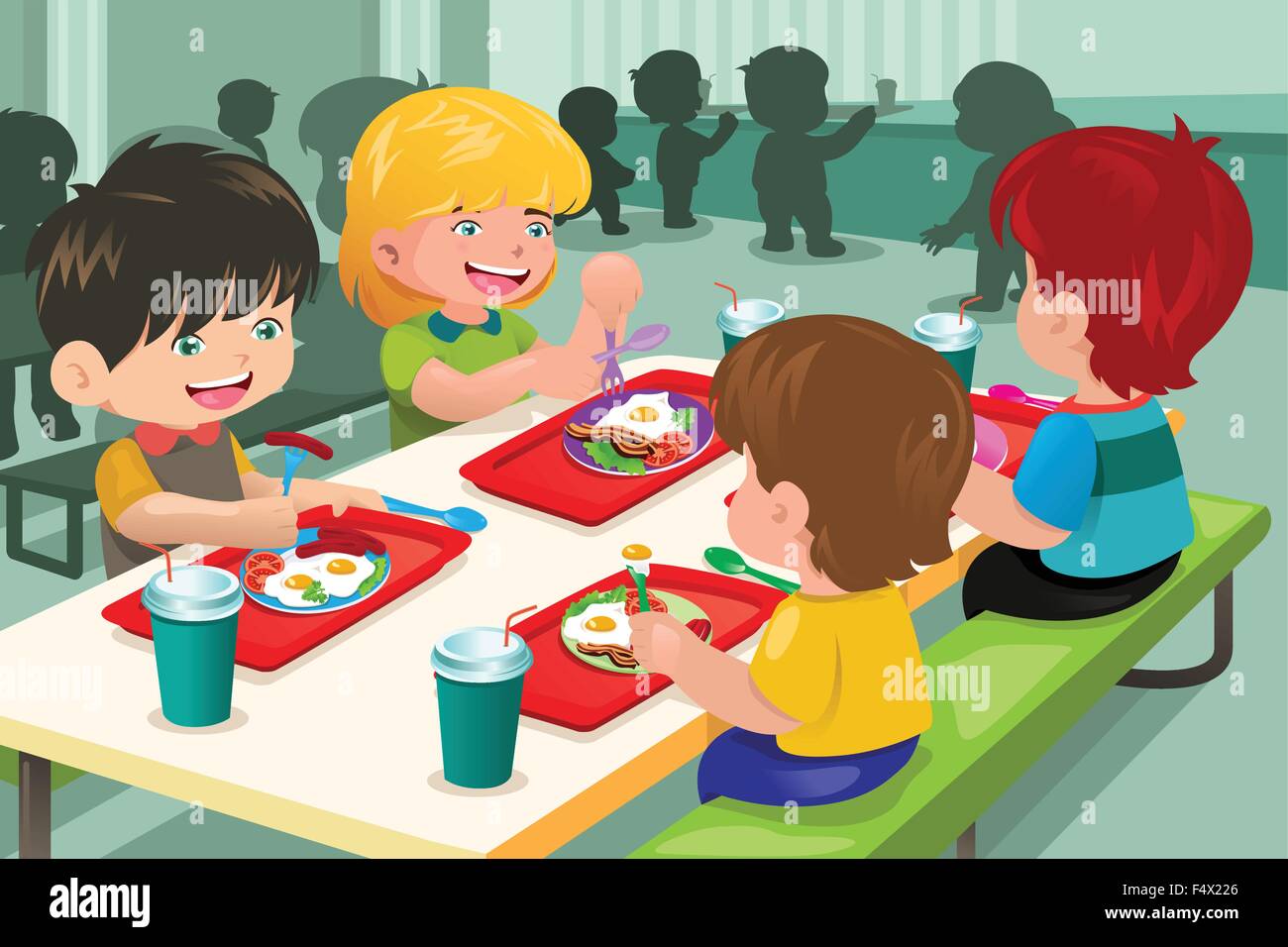 Una illustrazione vettoriale di studenti elementari di mangiare il pranzo nella caffetteria Illustrazione Vettoriale