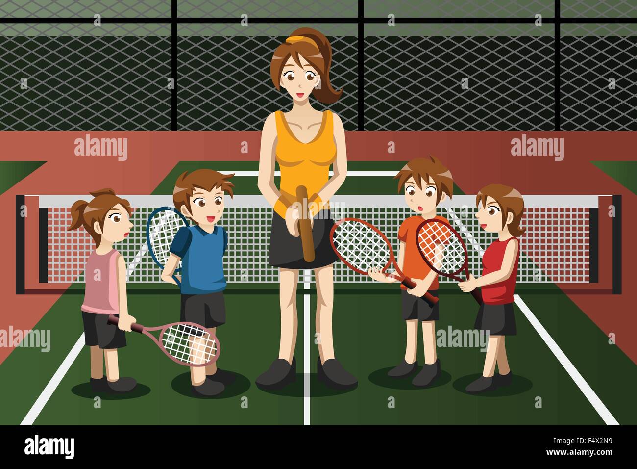 Una illustrazione vettoriale di bambini in un club di tennis con istruttore Illustrazione Vettoriale