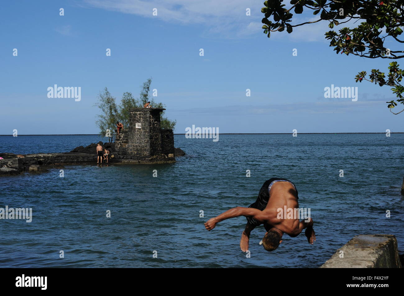 CARLSMITH BEACH PARK. Hilo. Big Island, Hawaii, Stati Uniti Un buon punto di nuoto nei sobborghi di Hilo dove le tartarughe entrano in acqua fresca per liberarsi dei parassiti marini Foto Stock
