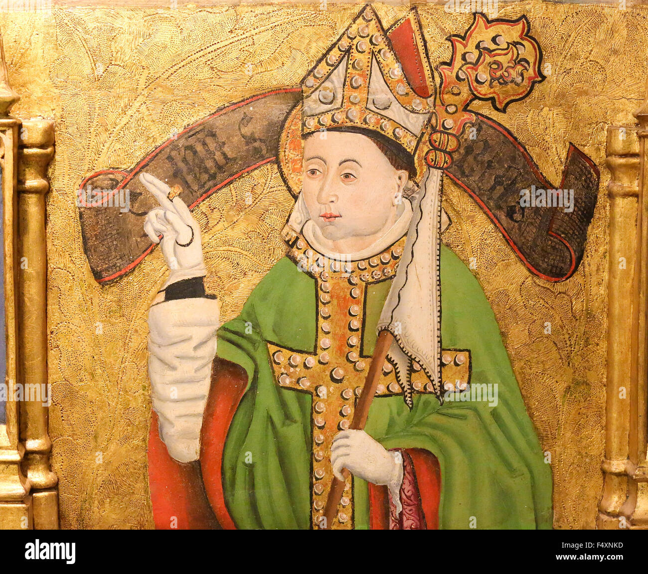 La pittura di un vescovo con mitra e crozier nella Cattedrale di Burgos, Castille, Spagna Foto Stock