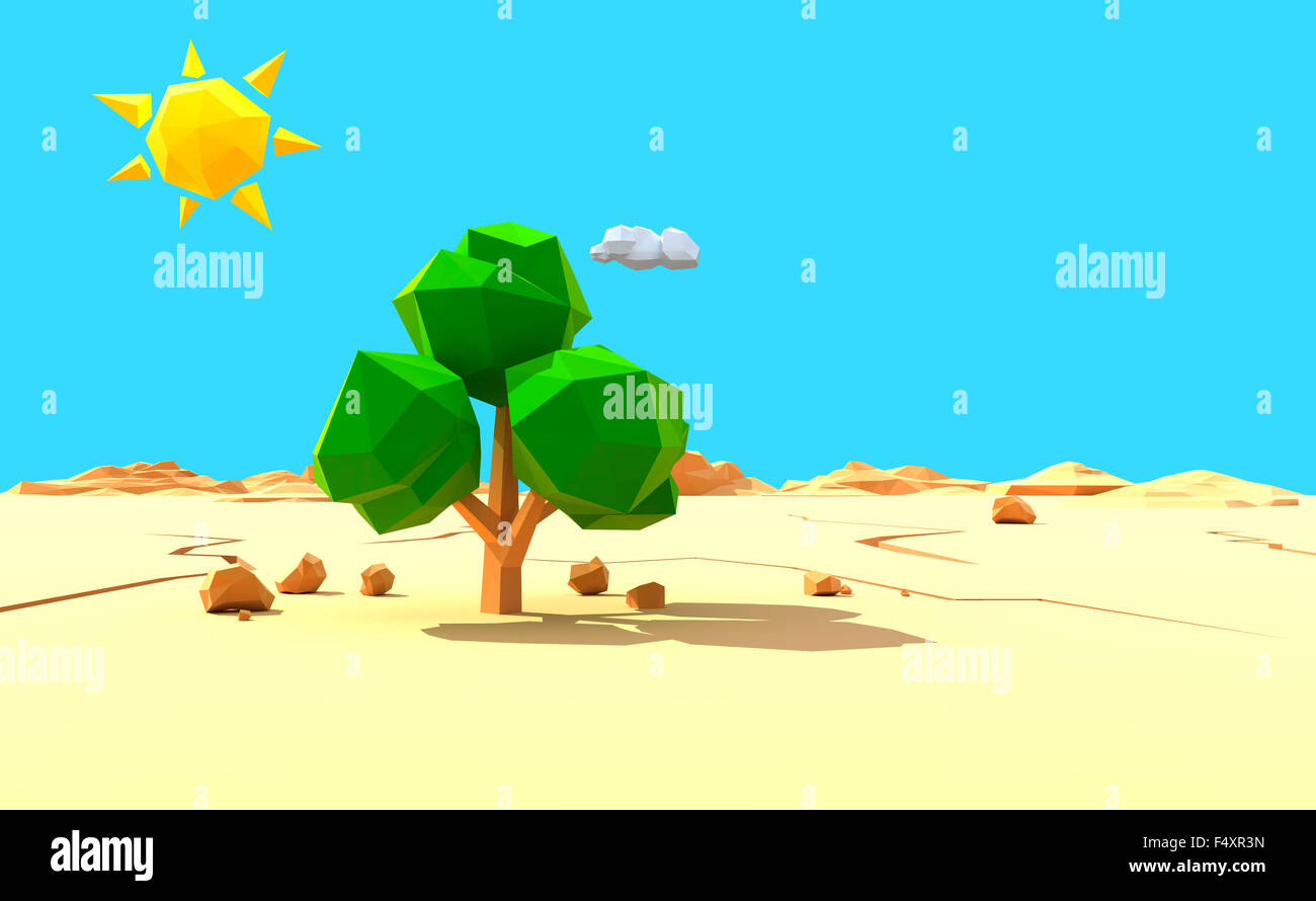 Albero solitario nel deserto. Bassa poligonale 3D render Foto Stock