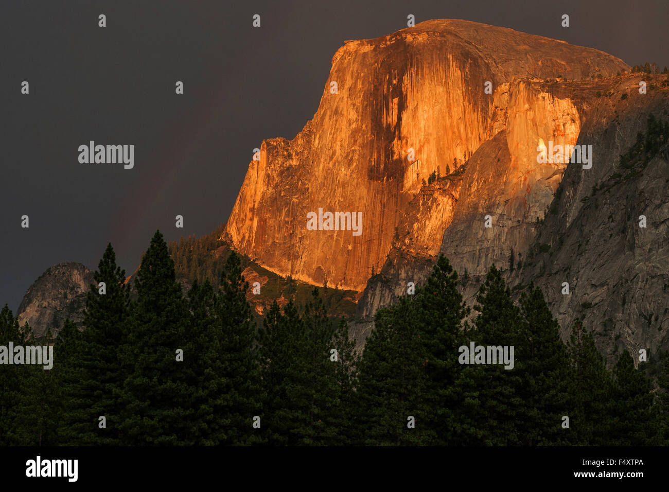 Mezza Cupola illuminata dal sole di setting, luce della sera, umore tempestoso, Yosemite National Park, STATI UNITI D'AMERICA Foto Stock