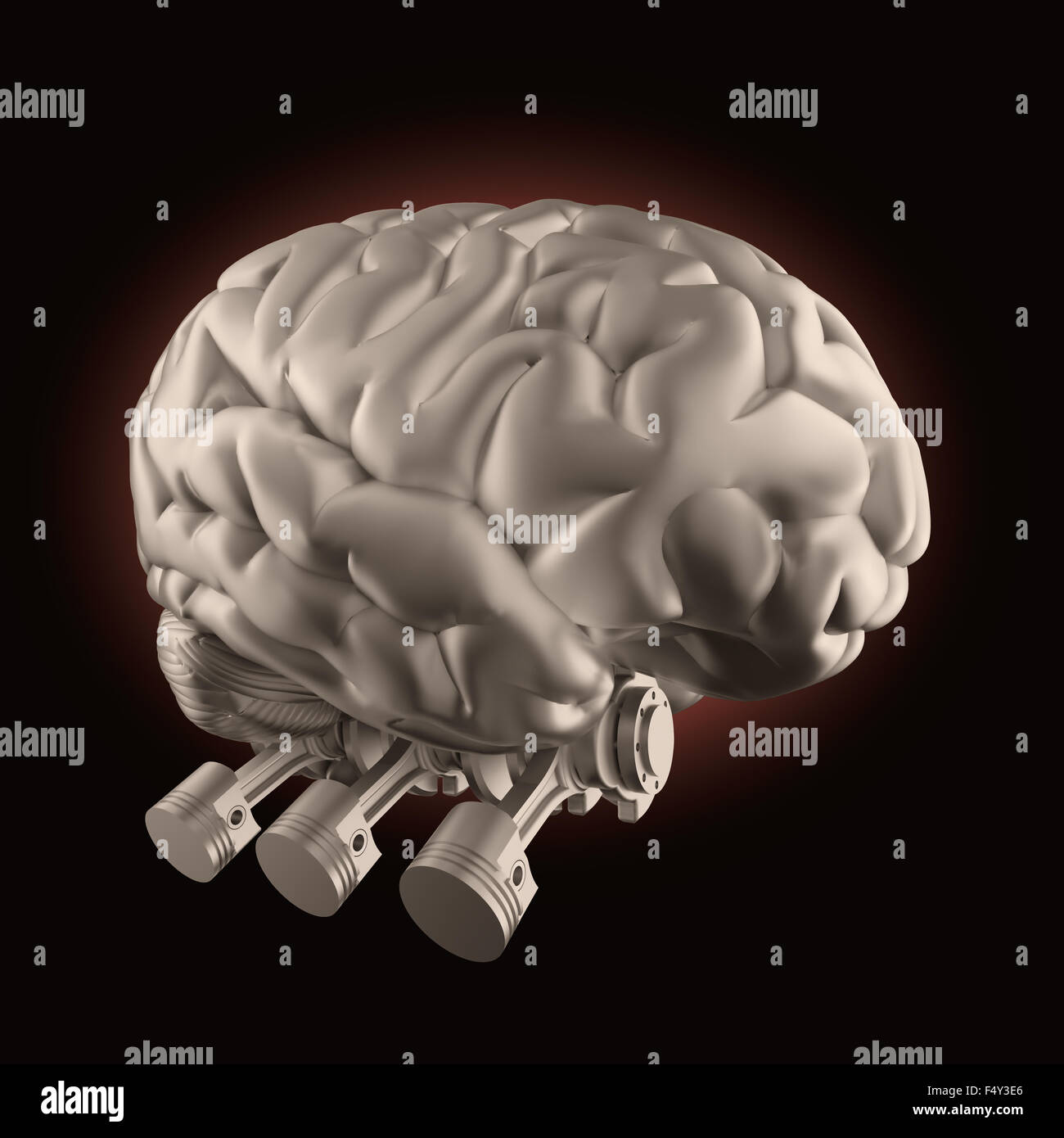 Cervello con motore a combustione valvole - stimolazione cerebrale e concetto di potenza Foto Stock